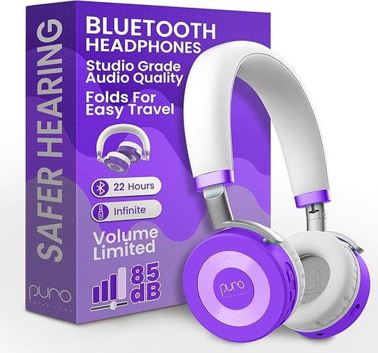Puro Sound Labs JuniorJam Plus Volume-Limiting Wireless Bluetooth Headphones for Kids, Secure Audio with Adjustable On-Ear Design, 22-Hour Battery, Ideal for Tablets, Smartphones & PCs - Purple
