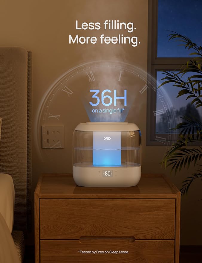 Dreo Smart Humidifier, Cool Mist Humidifiers for Bedroom, Quiet 4L Top Fill Ultrasonic Humidifiers for Home Office Plant & Baby with Nightlight, LED Display, 36H Runtime, APP/Voice Control, HM311S