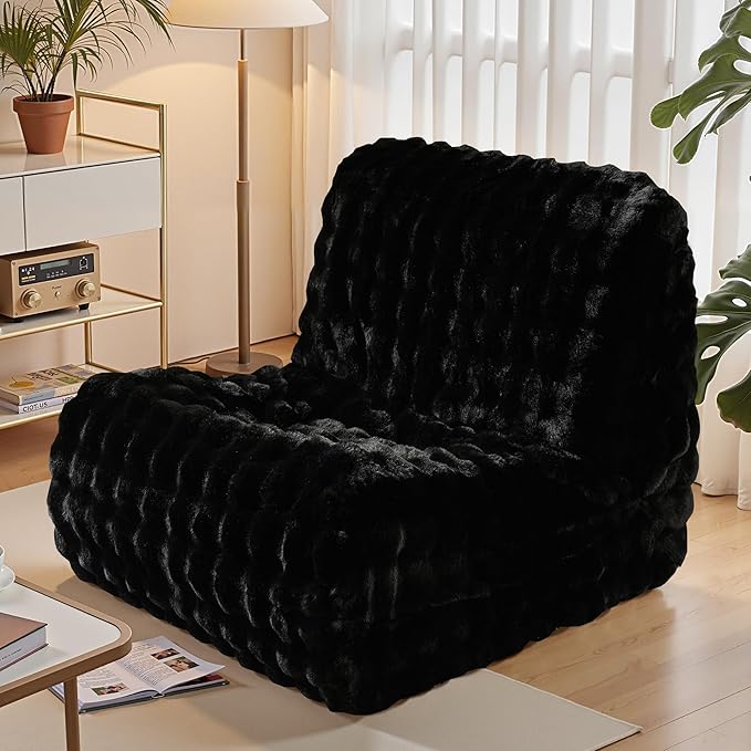 Modern Bean Bag Chair, Large Bean Bag Couch for Adults with Memory Foam Filled, Soft Faux Bunny Fur Lazy Chair for Living Room Bedroom Dorm Apartment, No Assembly Required, Black