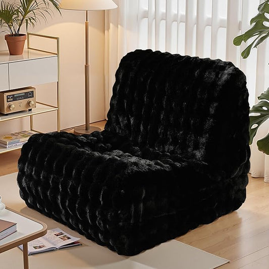 Modern Bean Bag Chair, Large Bean Bag Couch for Adults with Memory Foam Filled, Soft Faux Bunny Fur Lazy Chair for Living Room Bedroom Dorm Apartment, No Assembly Required, Black