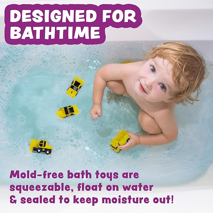 Tub Works® Construction™ Trucks Mold Free Bath Toys, 6 Pack | Sealed, No Hole Bath Toys Design Keeps Moisture Out | Soft, Squeezable & Float on Water | Baby & Toddler Bathtub Toys | Baby Pool Play