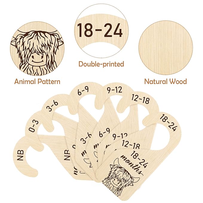 R HORSE 8Pcs Highland Cow Baby Closet Dividers, Double Sided Baby Closet Organizers Nursery Hanger Dividers Wood Size Dividers for Boy Girl Birthday Christmas Gift (0-24 Months)