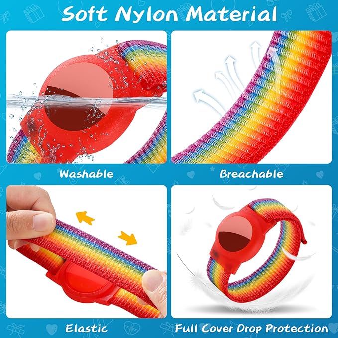 Waterproof Air Tag Bracelet for Kids (2 Pack), Soft Nylon Hidden Air Tag Wristband Full Cover Lightweight GPS Tracker Holder Compatible with Apple AirTag Band for Toddler Child (Deep Rainbow/Blue)