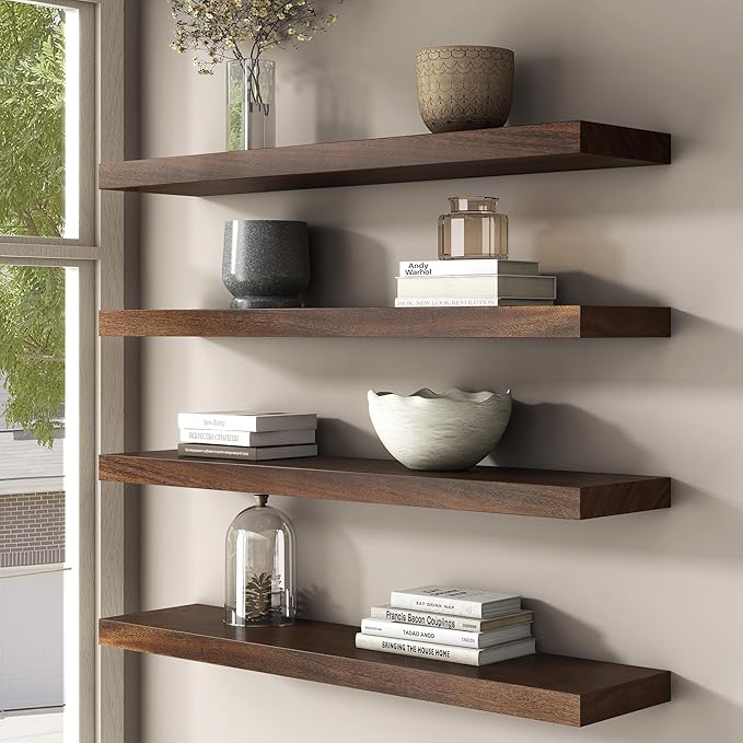 Floating Shelves for Wall, USA-Sourced Walnut Wood 36 Inch Long Wall Shelves Set of 2, Natural Wooden Wall Mounted Picture Ledge Shelf, Nursery Book Storage Shelf Kids Bookshelf, Display Shelf