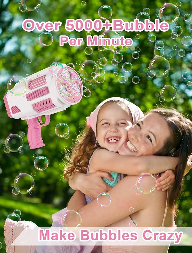 Upgraded Bubble Machine Gun - Auto Bubble Blower, 8000+ Bubbles Per Minute for Kids & Adults Indoor/Outdoor Party - Pink