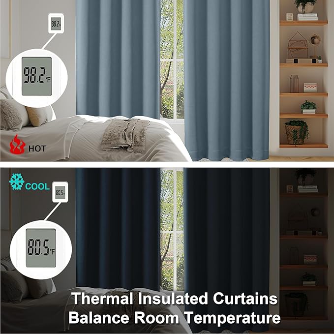 Simplebrand Ava Stone Blue Blackout Curtains for Bedroom 84 Inch Length 2 Panels Set, Solid Thermal Insulated Privacy Living Room Window Treatment Curtains Blackout Drapes, W50 x L84 Inch, Stone Blue