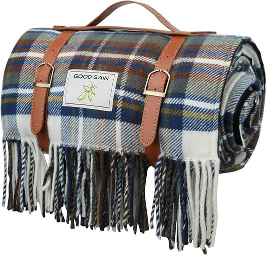 G GOOD GAIN Waterproof Picnic Blankets- Extra Large Outdoor Blanket Foldable, Beach Blanket with PU Handles, Sand-Proof Picnic Mat for Hiking, Camping, Lawn, Park, Grass. Blue Check