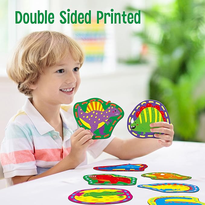 9 Pieces Kids Lacing Cards, Double Sided Sewing Cards in 9 Dinosaurs with 9 Colorful Laces, Imagination Development Lacing Toys Games for Children Educational and Learning Activity