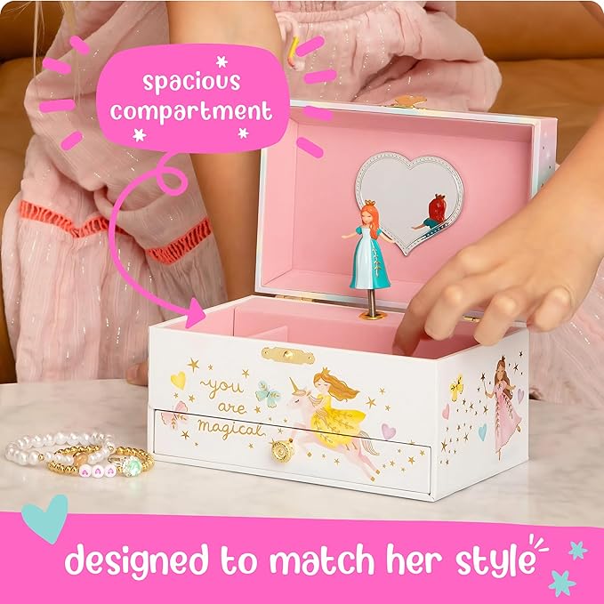 Musical Princess Kids Jewelry Box - Girls Jewelry Box with Mirror, Princess Gifts for Little Girls, Unicorn Toys for Girls Age 4-6