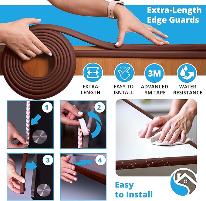 Premium 12ft Edge Protector for Baby, Odorless & Waterproof Edge Protector with 3M Adhesive Tape, Non-Toxic to Baby Proof Corners and Edges, Wall Corner Protector & Desk Edge Cushion Brown