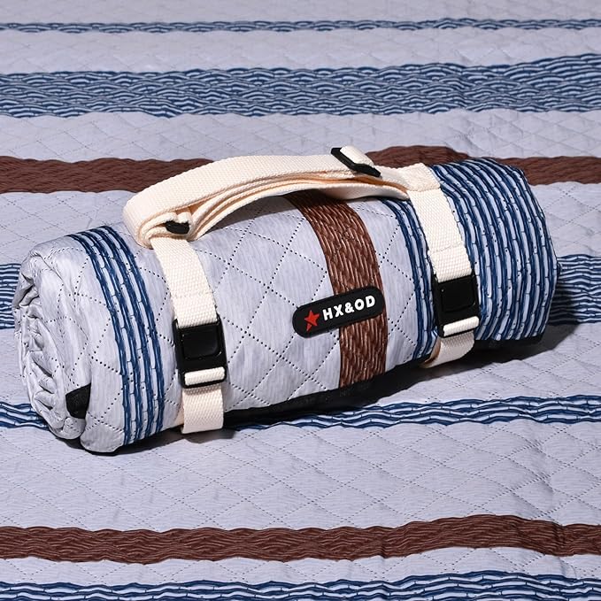 Waterproof Picnic Mat, Outdoor Camping Oversized Field Blanket. Portable Thickened Camping Blanket, Suitable for Beach, Camping, Music Festival, Party, Outdoor Adventure. (Brown&Blue&White, 80”x80”)