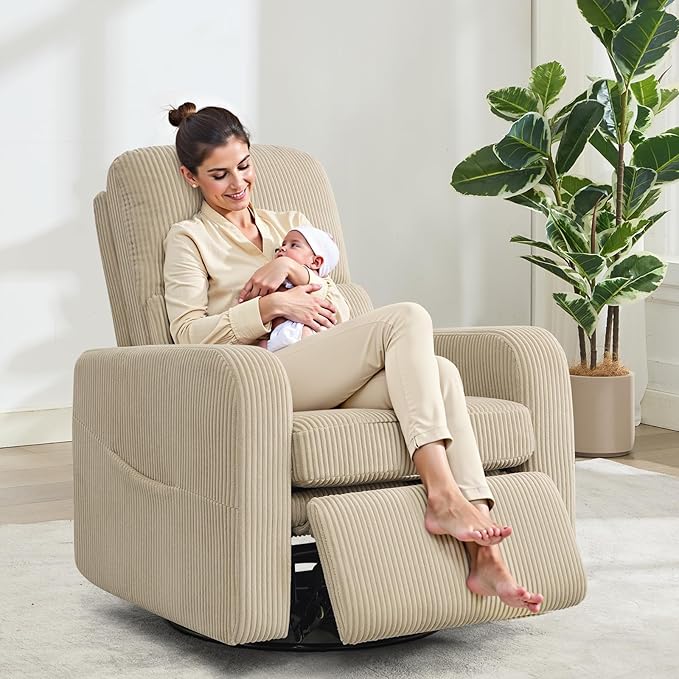 Swivel Rocker Recliner, Oversized Manual Nursery Glider Rocking Recliner Chair with Removable Cushion, Upholstered Swivel Reclining Chair for Nursery Living Room Bedroom, Corduroy Camel