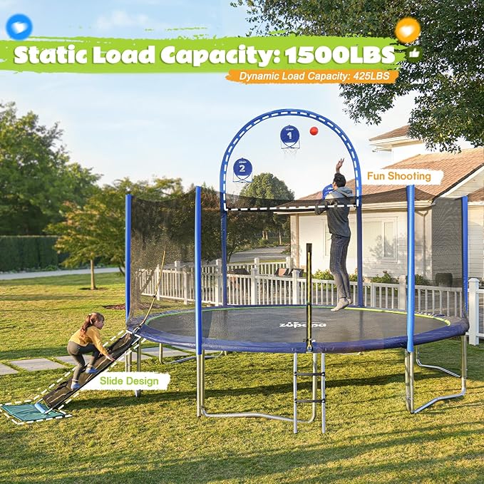 Zupapa Trampolines No-Gap Design 1500 LBS Weight Capacity 16 15 14 12 10 8FT for Kids Children with Safety Enclosure Net Outdoor Backyards Large Recreational Trampoline