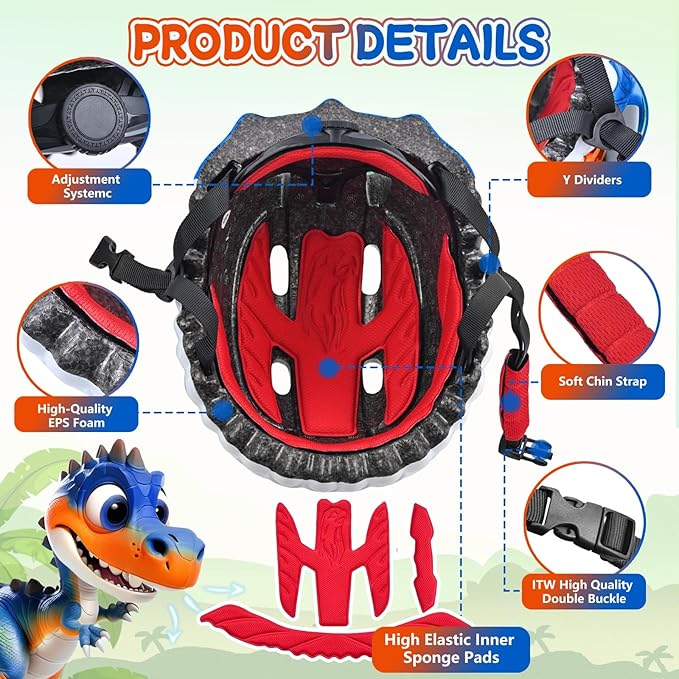 Toddler/Kids Bike Helmet Set for Boys Girls 3D Adjustable Kids Helmet Protective Gear Set Knee Elbow Wrist Pads and Multi-Sports Skateboard Scooter Cycling Roller Balance Bike