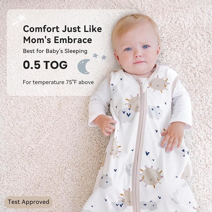 Baby Sleep Sack 12-18 Months 0.5 Tog Wearable Blanket Baby, 3 Pack 100% Cotton Lightweight Sleeping Sack with 2-Way Zipper for Infant Toddler Apricot White Sun Clouds
