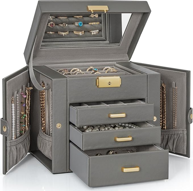 AKOZLIN 4-Tier Jewelry Box Leather Jewelry Storage Organizer with 3 Drawers Lockable for Women Girls Ring Necklace Earring Bracelet Holder with Mirror Dark Grey