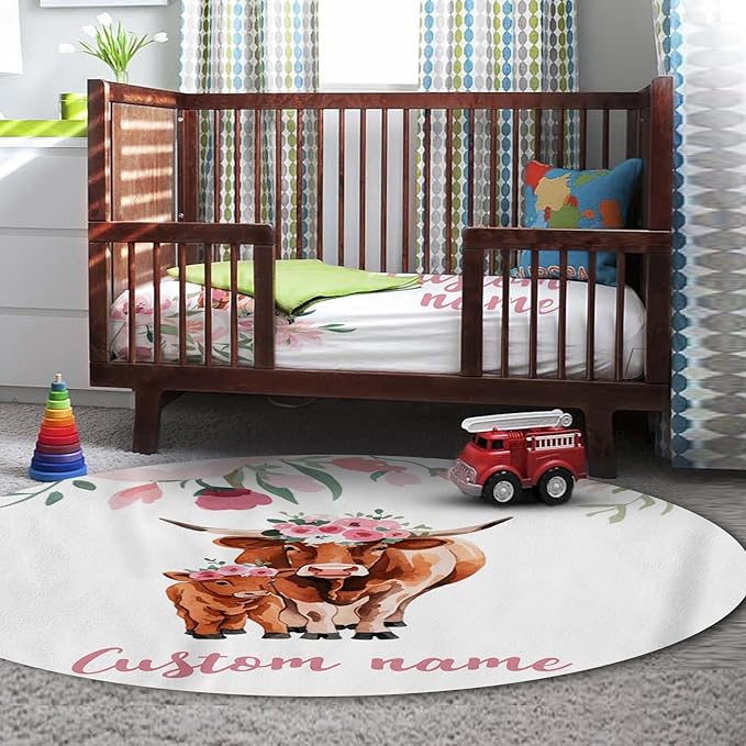 Personalized Nursery Crib Bedding Set: Custom Name Pink Flower 5 Piece Baby Crib Sets with Highland Cow Pattern - Toddler Double Layer Blanket Set, Comfortable Crib Bed Sheets for Baby Grils