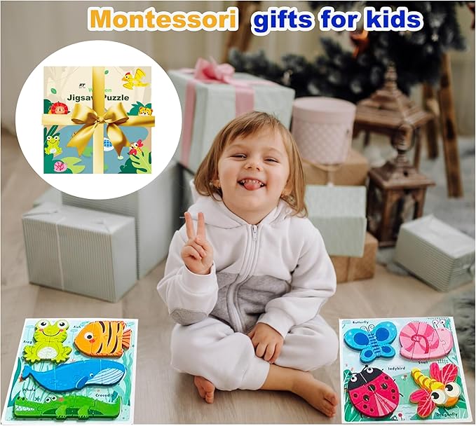Wooden Creature Puzzles for Toddlers 2-4,Toddler Puzzle Ages 1-3, Montessori Educational Toys for 2 3 Years Old, Wood Learning Gifts for Preschool Kids Boys Girls
