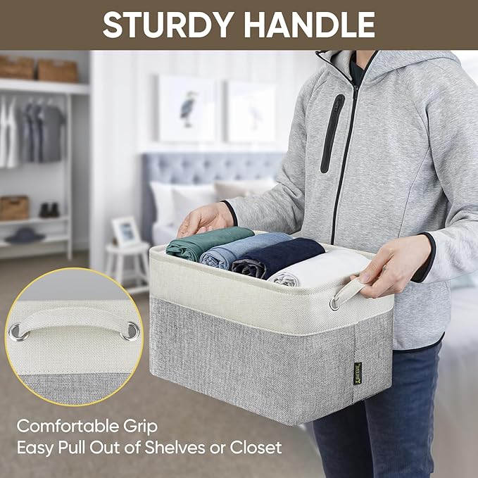 BALEINE 3 Pack Fabric Storage Bins for Shelves, Linen Storage Baskets for Organizing, Decorative Closet Bins for Clothes, Home (Grey, 15"x11"x9.5")