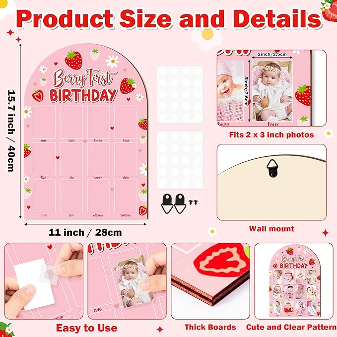 R HORSE 3D Berry First Birthday Wood Photo Display Board, Pink Strawberry Baby's First Year Picture Frame, 1-12 Months Milestone Board Birthday Decorations Keepsake Gift for Baby Girls Nursery Decor