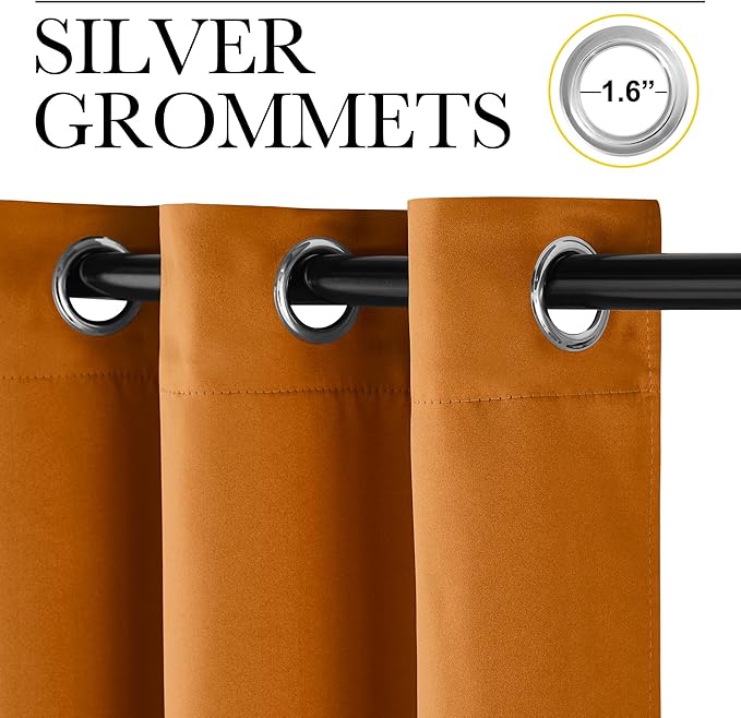 NICETOWN Room Darkening Orange Curtains 63 inches Long - Grommet Faux Silk Thermal Drapes Light Reducing Energy Saving Privacy Window Treatments for Bedroom, 2 Panels, W52 x L63