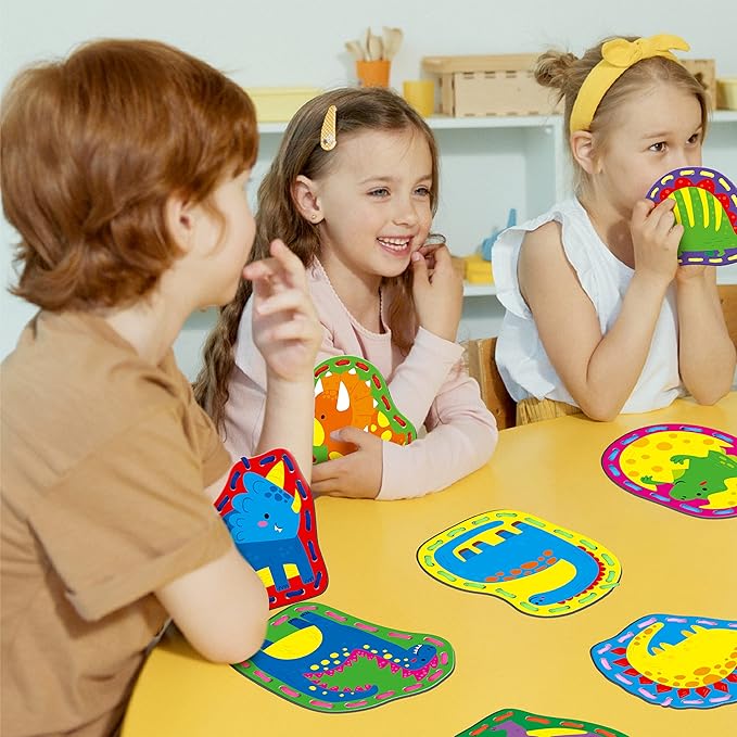 9 Pieces Kids Lacing Cards, Double Sided Sewing Cards in 9 Dinosaurs with 9 Colorful Laces, Imagination Development Lacing Toys Games for Children Educational and Learning Activity