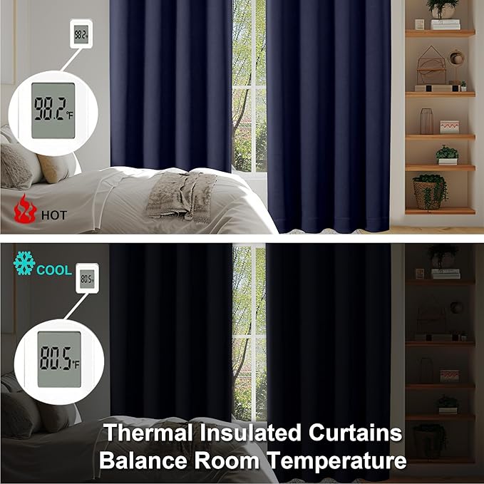 Simplebrand Ava Navy Blue Blackout Curtains for Bedroom 96 Inches Long 2 Panels, Solid Thermal Insulated, Energy Saving Living Room Window Treatment Curtains Blackout Drapes, W40 x L96 Inch, Navy Blue
