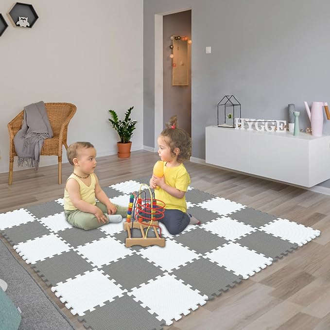 qqpp EVA Rubber 18 Tiles Interlocking Puzzle Foam Floor Mats - Baby Play Mat for Playing | Exercise Mat for Home Workout. White, Gray. QC-ALb18N