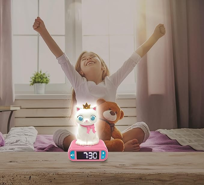 LEXiBOOK - Kitten Digital Alarm Clock for Kids with Night Light Snooze, Childrens Clock, Luminous Cat, White and Pink Colours - RL800KT