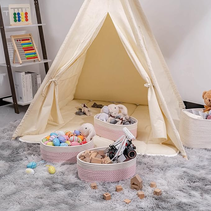 Off White&Mixed Pink Shelf Basket to Store and Organize Household Items/Baskets&Bins for Daily Storage &Organizing/Woven Rope Basket for Bedroom,Playroom/Small Oval-13x8.66x5.11’’,3 Packs