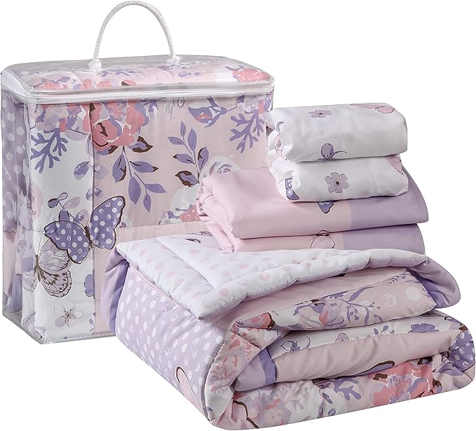 La Premura 3-Piece Purple Butterfly Baby Crib Bedding Set for Girls, Lilac Standard Size Crib Set for Baby Girl, Comforter, Fitted Sheet, and Dust Ruffle Skirt, Baby Nursery Floral Design for Girls