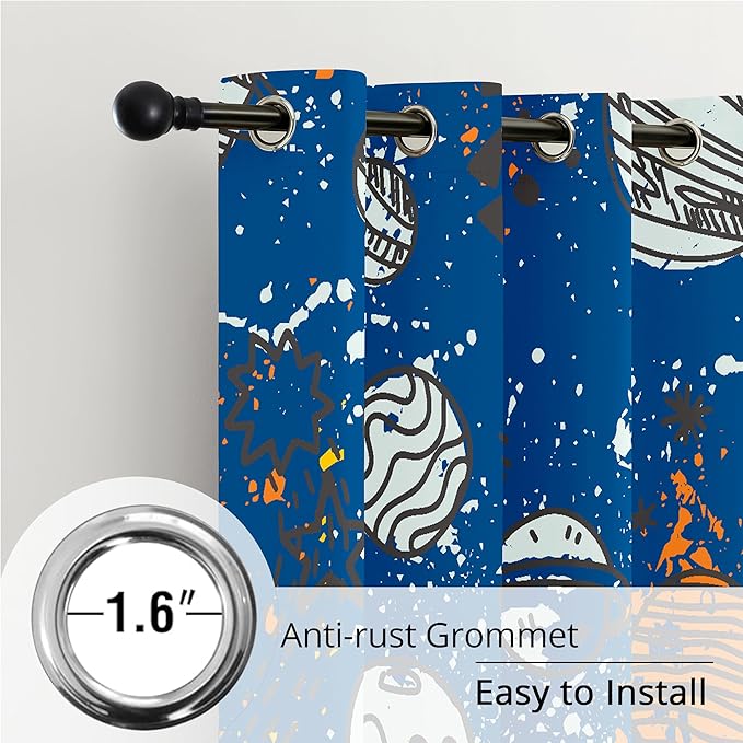 Kids Space Planet Blackout Curtains - 100% Blackout, Thermal Insulated, Noise Reducing, Perfect for Kids Room and Nursery, 2 Panels (Space-is-Great, W52×L63)