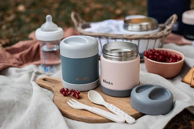 Beaba Stainless Steel Insulated Food Jar 10 oz, Kids Thermos, Lunch Containers, Leakproof, Wide Opening, Suitable for Hot and Cold Foods (Rose)