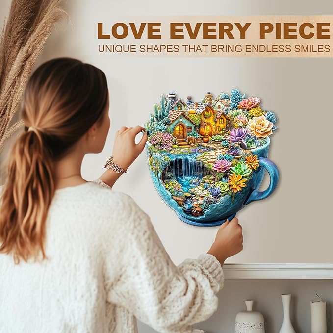 WOODBESTS Wooden Puzzles for Adults, Succulent Mug Wood Puzzles Adult(190 Pieces, M, 11.4 * 11.3in), Unique Shape Wooden Animal Jigsaw Puzzles, Birthday Gifts for Adults Family Game