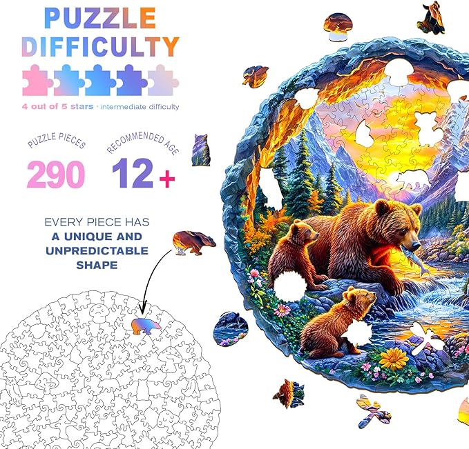 Wooden Puzzles for Adults and Kids - Bear Family Wooden Jigsaw Puzzle - Unique Animal Shaped Wood Puzzles Adult - Creative Birthday Gift Family Game 290pcs