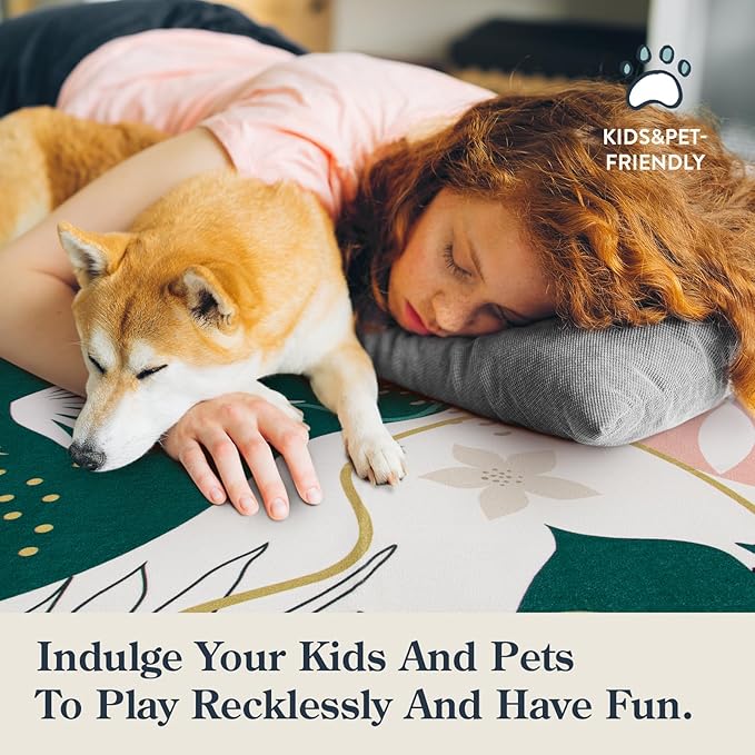 Lahome Washable 8x10 Rug - Non-Slip Living Room Rugs 8x10 Ultra-Thin Large Soft Bedroom Rugs, Boho Botanical Print Indoor Stain Resistant Floor Rug for Dining Room Table Office (8'x10',Green/Pink)