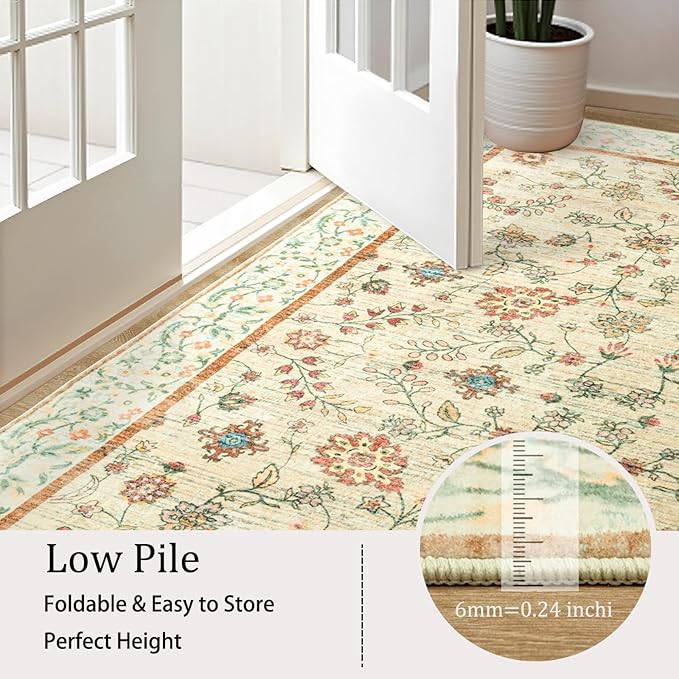 LOCHAS Washable Area Rugs 8x10, Beige Floral Rug for Living Room Bedroom Non Slip, Ultra Soft Vintage Indoor Carpet for Kids, Nursery, Dorm, Dining Room, Classroom, Boho Flower Home Decor, Low-Pile