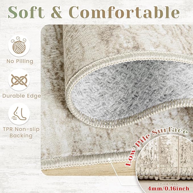 Washable Rug 9x12 Area Rugs for Living Room: Large Neutral Soft Rug Abstract Non Slip Low Pile Modern Carpet for Bedroom Kitchen Nursery Office Dining Room Indoor (Beige, 9'x12')