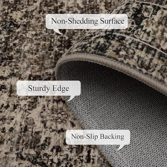 9x12 Area Rug Living Room Rugs, Stain Resistant Washable Rug, Vintage Large Non-Slip Backing, Low Pile Lightweight Print Rug for Bedroom Dinning Room Home Office (Brown)