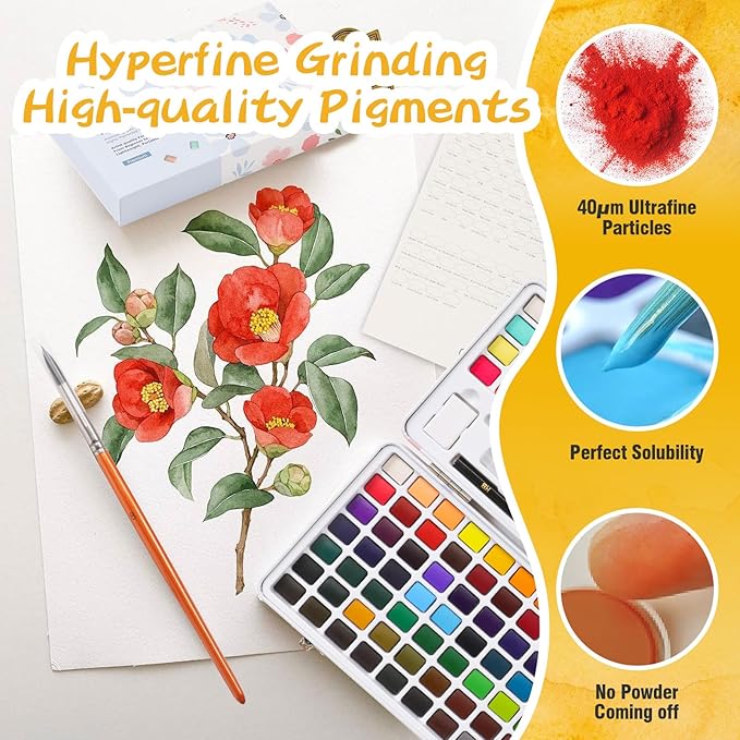 Caliart Watercolor Paint Set, 48 Colors with 3 Brushes, Mini Travel Watercolors Painting Kit Gifts for Adults Artists Painters Kids Teen Girls Boys Art Supplies