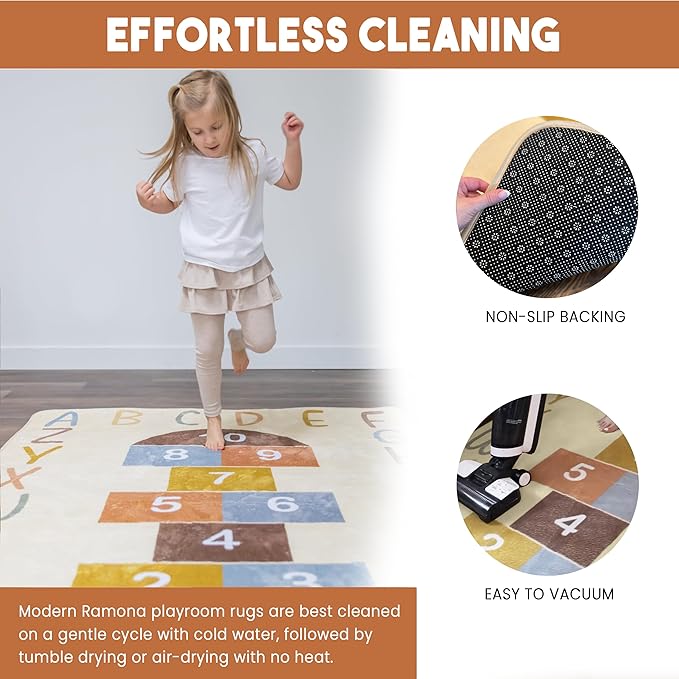 Washable Hopscotch Rug for Kids | Educational ABC & Numbers Carpet for Toddler Playroom or Classroom | 4.6' x 6.5' Non-Slip Play Mat | Neutral Decor