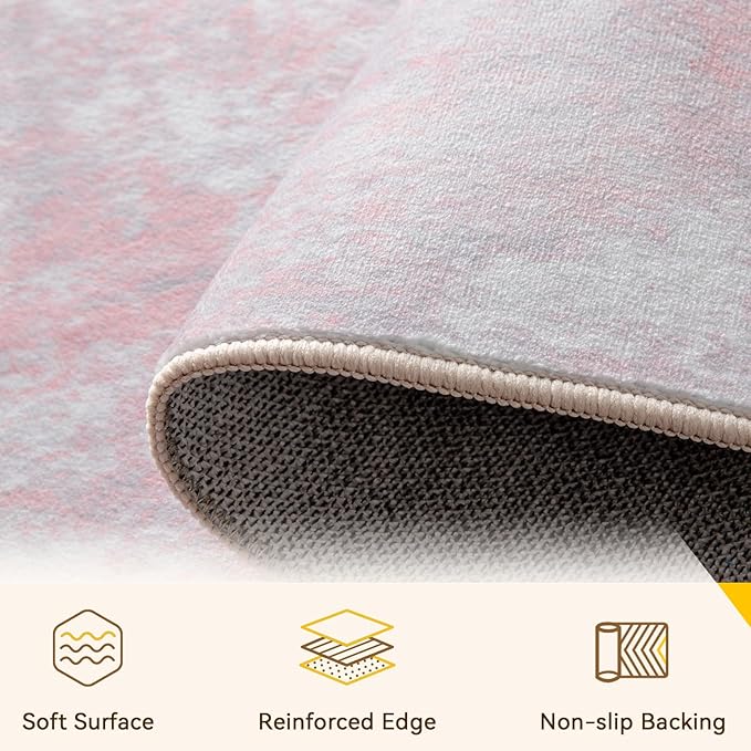 Washable Area Rugs 3'x5' Non-Slip Modern Abstract Soft for Living Room Entryway Bedroom Nursery, Print Pattern, Grey Pink