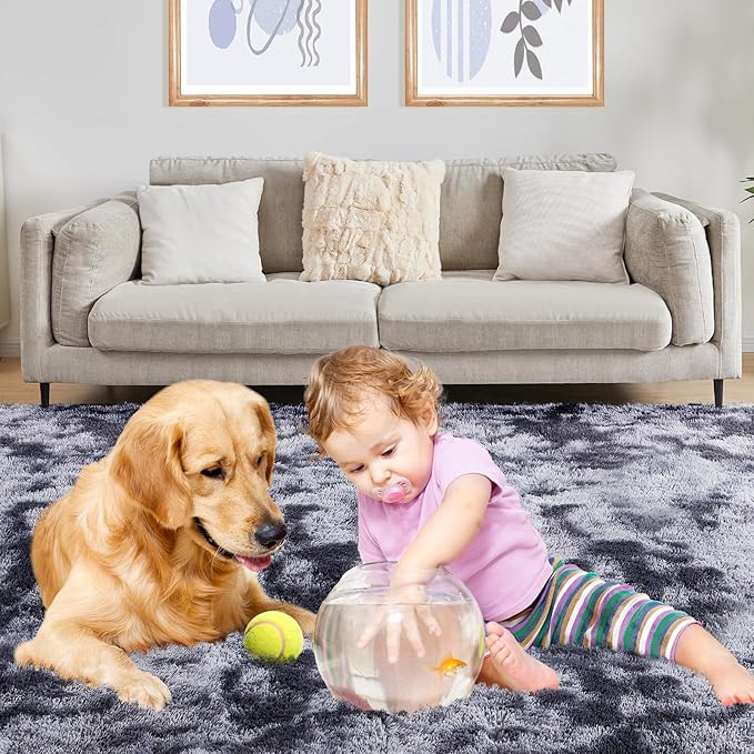 8x10 Fluffy Rugs for Living Room, Ultra Soft Plush Area Rug for Bedroom, Anti-Skid High Pile Indoor Carpet for Nursery, Kids Room, Playroom, Home Decoration, Tie-Dyed Dark Grey