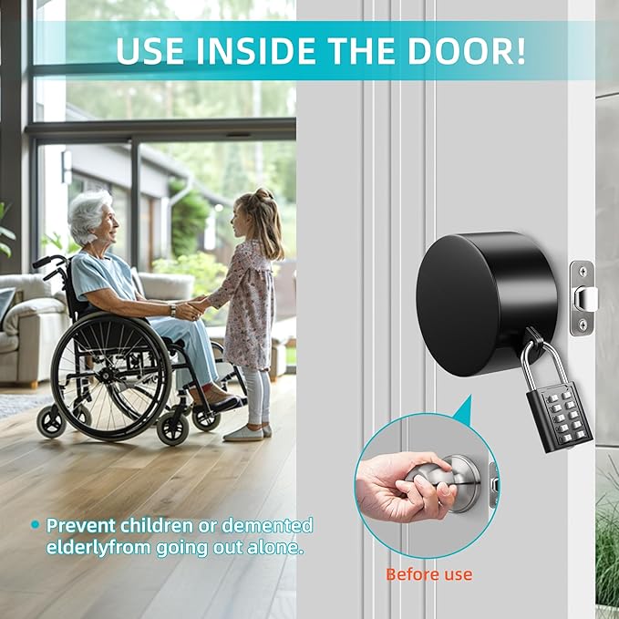 Door Knob Cover Lock with Combination Padlock, Child Proof Door Knob Covers, Door Knob Lockout Device for Dementia Elderly Safety, Renter Friendly Temporary Bedroom Door Lock (Black)