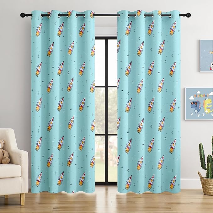 Kids Space Rockets Blackout Curtains - 100% Blackout, Thermal Insulated, Noise Reducing, Perfect for Kids Room and Nursery, 2 Panels (Aqua Mini Rockets, W52×L84)