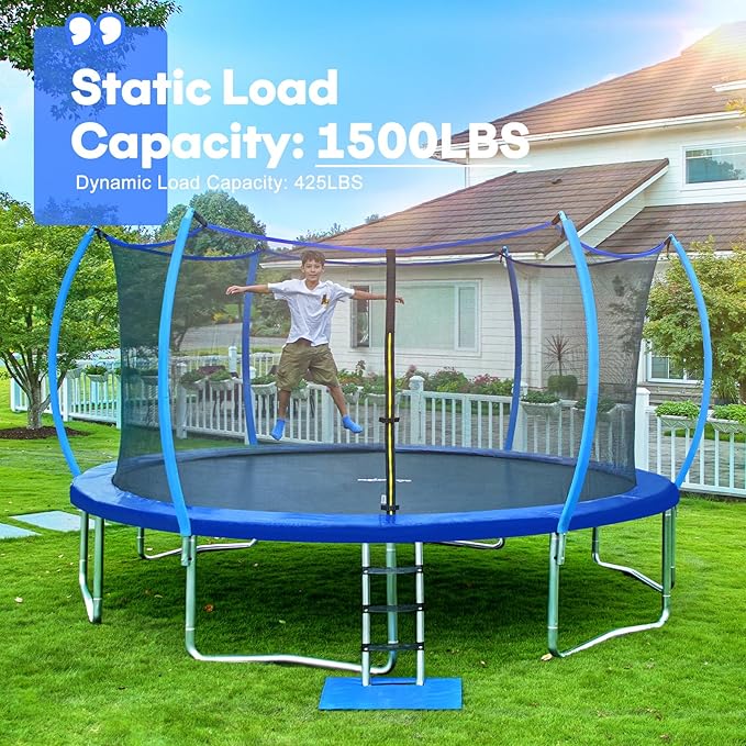 Zupapa 1500LBS Weight Capacity No-Gap Design 16 15 14 12 10FT Trampoline for Kids with Safety Enclosure Net Outdoor Backyards Trampolines with Non-Slip Ladder for Children Adults Family