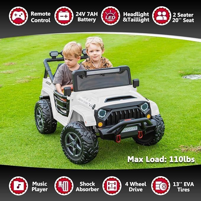 24V 2 Seater Ride On Truck with Remote Control 4WD Electric Car for Kids Ride On Car Battery Powered Ride On Toy Car with Music Player, LED Lights, Bluetooth, Rear Shock Absorber, White