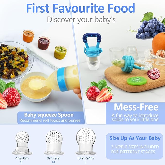 WAJIAYON Baby Fruit Feeder Pacifier - 5 Pack | 2 Baby Food Feeder Pacifier & 1 Infant Food Dispensing Spoon | Fresh Fruit Teethers for Babies | Shower Gifts for Boys and Girls (Blue & Green)