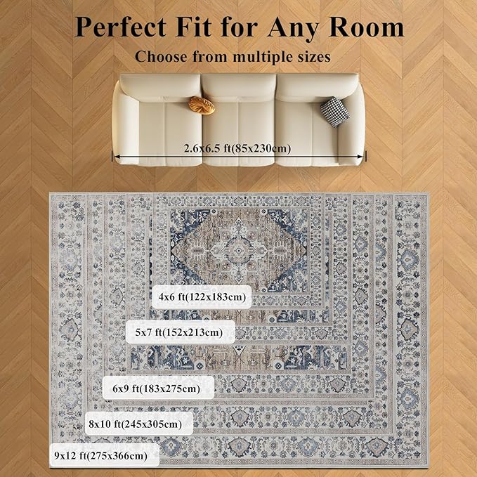 Washable Rugs 5x7 Area Rugs for Living Room, Thin Carpet for Bedroom, Soft Faux Wool Retro Dining Room Rug，Non Slip&Non-Shedding Resistant Low Pile Vintage Print Rug for Home Office (Taupe/Blue)