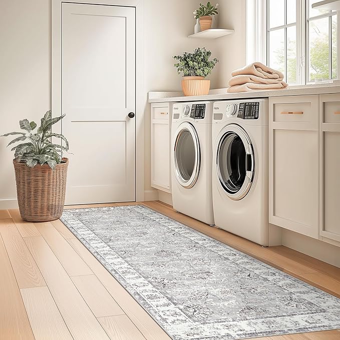 jinchan Runner Rug 2x7 Machine Washable Hallway Rug Grey Vintage Floral Print Non-Slip Low Pile Ultra-Thin for Kitchen,Entryway,Laundry Room,Bedroom,Farmhouse (2‘x7’,Grey)